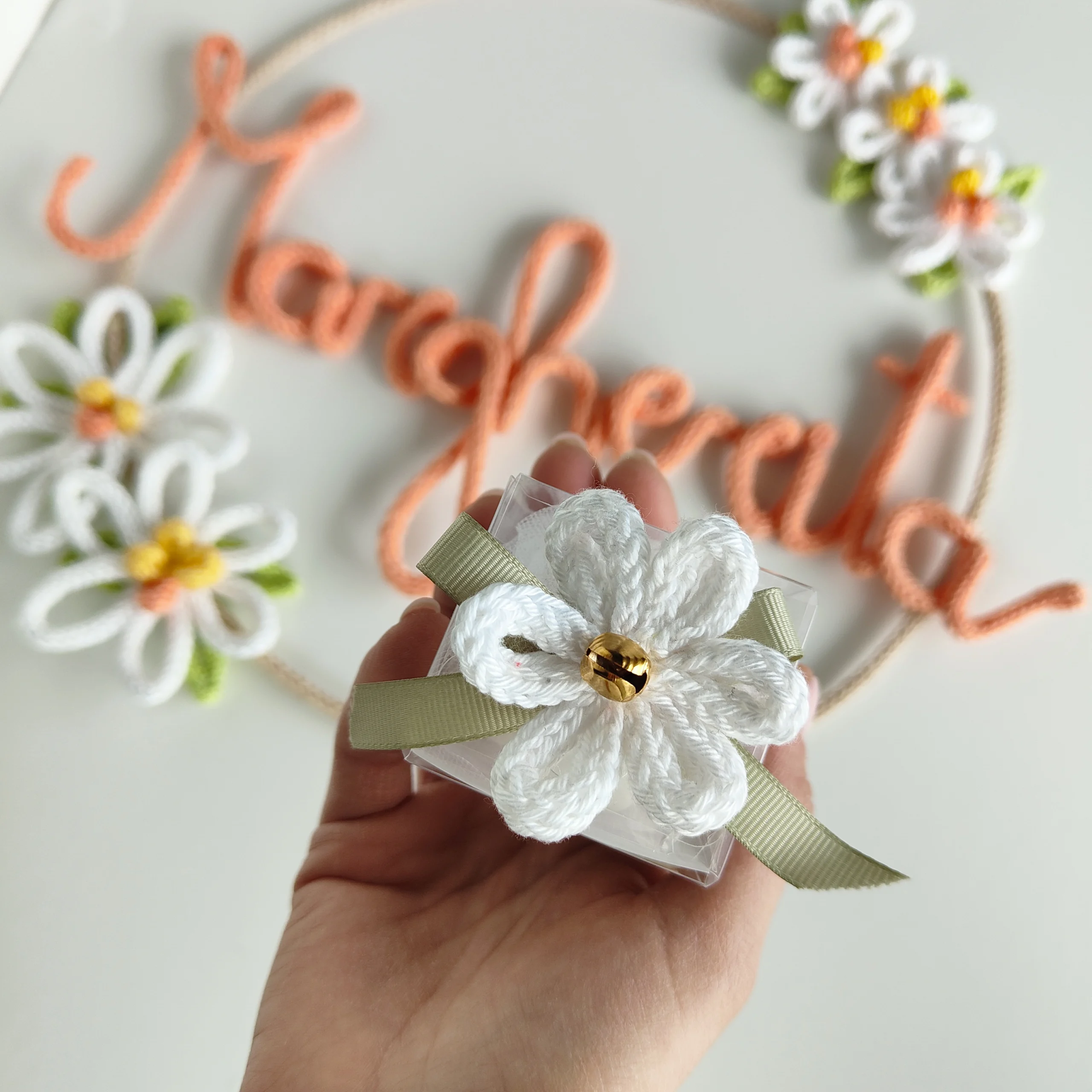 Fiocco nascita con fiori tridimensionali fatto a mano dettaglio bomboniera