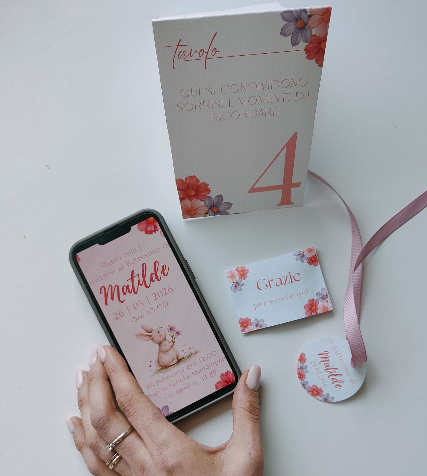 Coordinato battesimo e comunione personalizzato con invito digitale, segnaposto e segnatavolo
